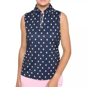 NWT BELYN KEY Ink Navy Golfball Print Keystone Sleeveless Golf Shirt Small